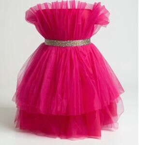 Mable Strapless Hot Pink Tulle Party Mini Dress Rhinestone Waist Women’s L